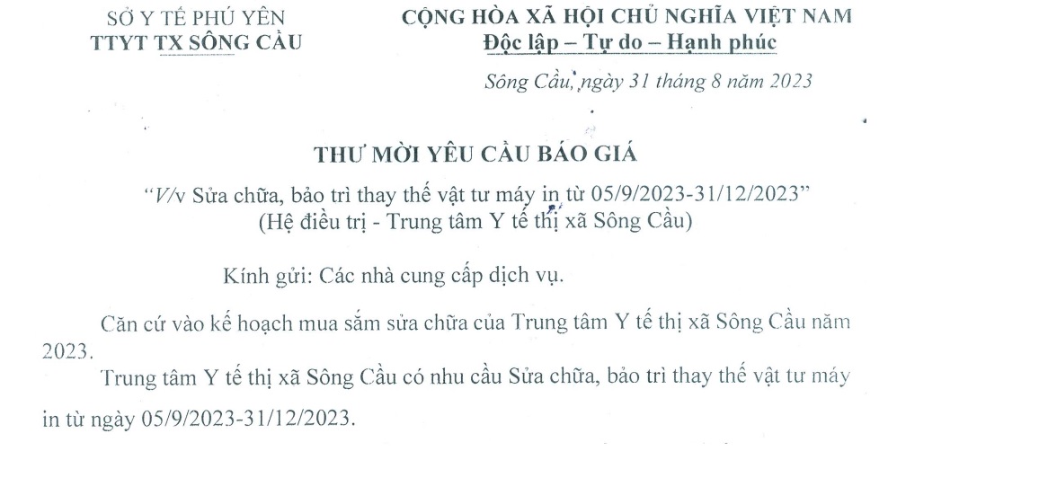 Yêu cầu báo giá Sửa chữa, bảo trì thay thế vật tư máy in ngày 05/09/2023-31/12/2023 (Hệ điều trị)